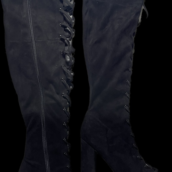 Guess Women's Casidi Lace Knee High Open Toe Boots Black 11 M US - Picture 8 of 13